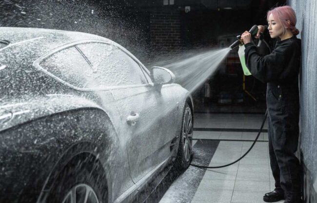 Pressure washer on car